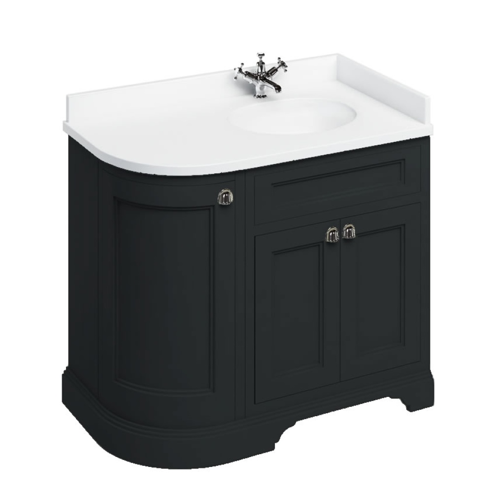 Burlington Matt Black 980mm Right Hand Curved Vanity Unit & White Minerva Worktop